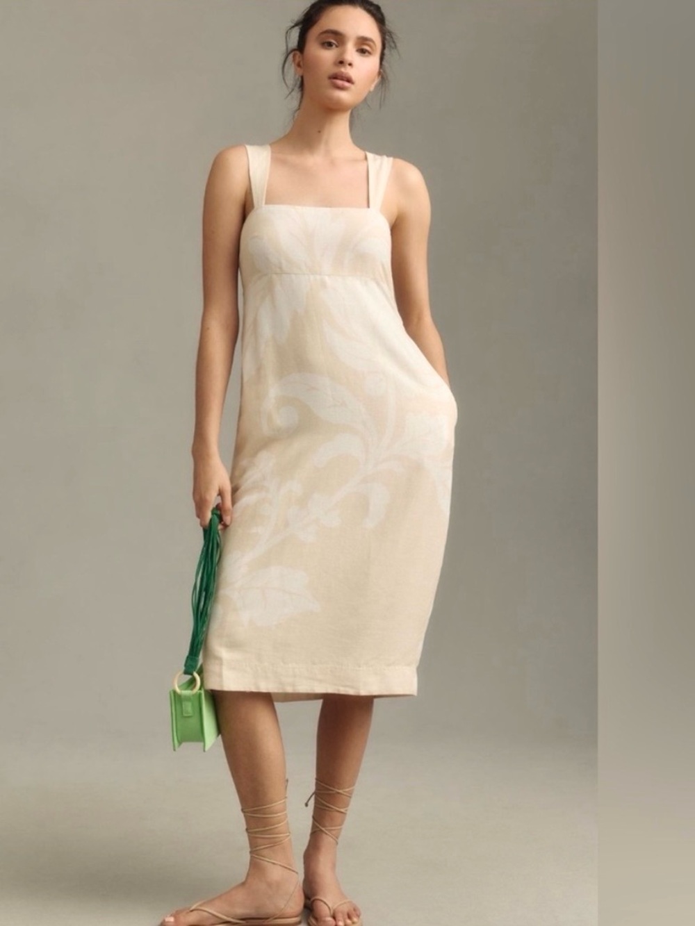 Anthropologie Pilcro Square Neck Linen Midi Dress Women’s Size 2X Smocked Pocket